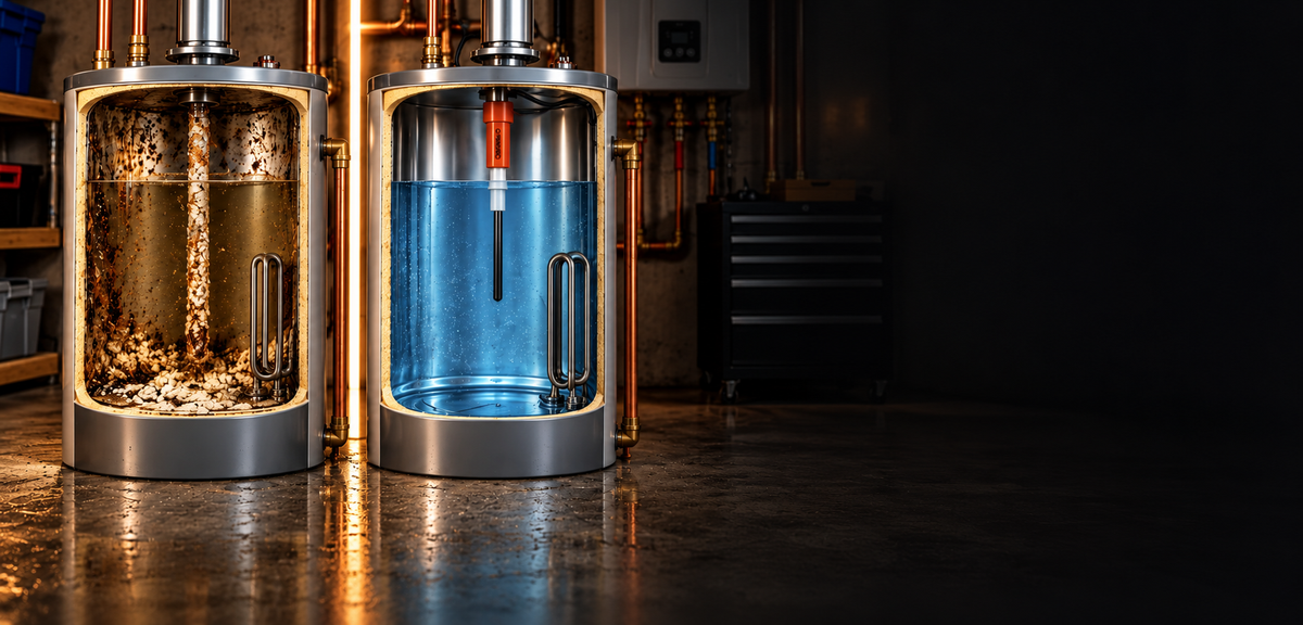 Two cutaway water heater tanks side by side: the left tank without an anode rod is corroded with rust and sediment, the right tank with a Chromex powered titanium anode rod holds clean, clear water
