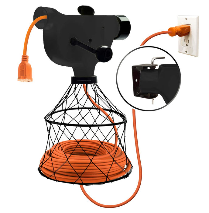 Chromex extension cord winder black version close up with cord storage and mounting bracket
