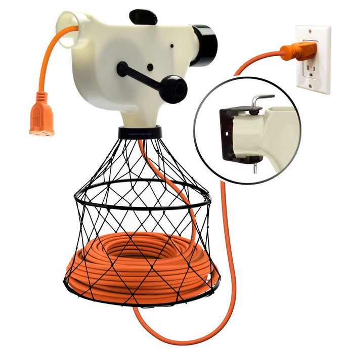 Chromex extension cord winder white version wall mounted with orange extension cord storage