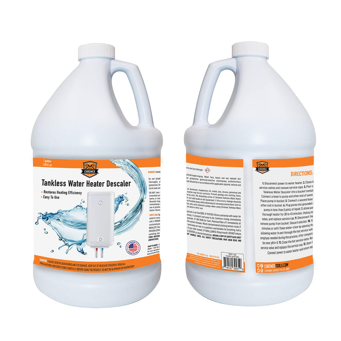 Chromex tankless water heater descaler 1 gallon 128 fl oz front and back label