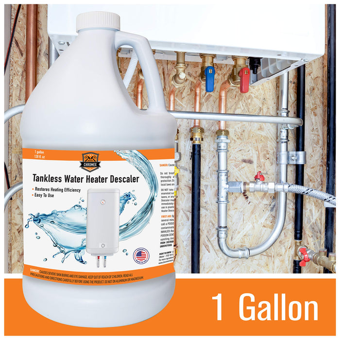 Chromex 1 gallon tankless water heater descaler in use pipe system