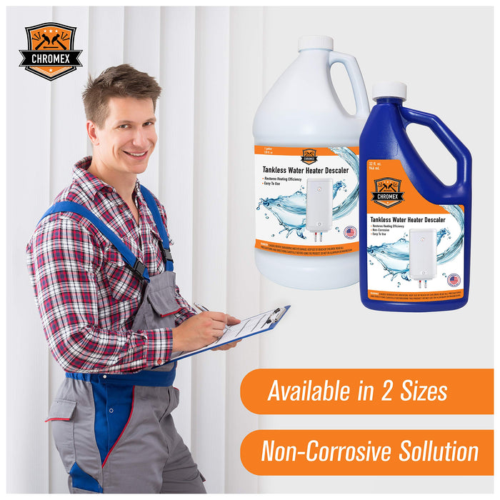 Chromex tankless water heater descaler available in 2 sizes non-corrosive solution