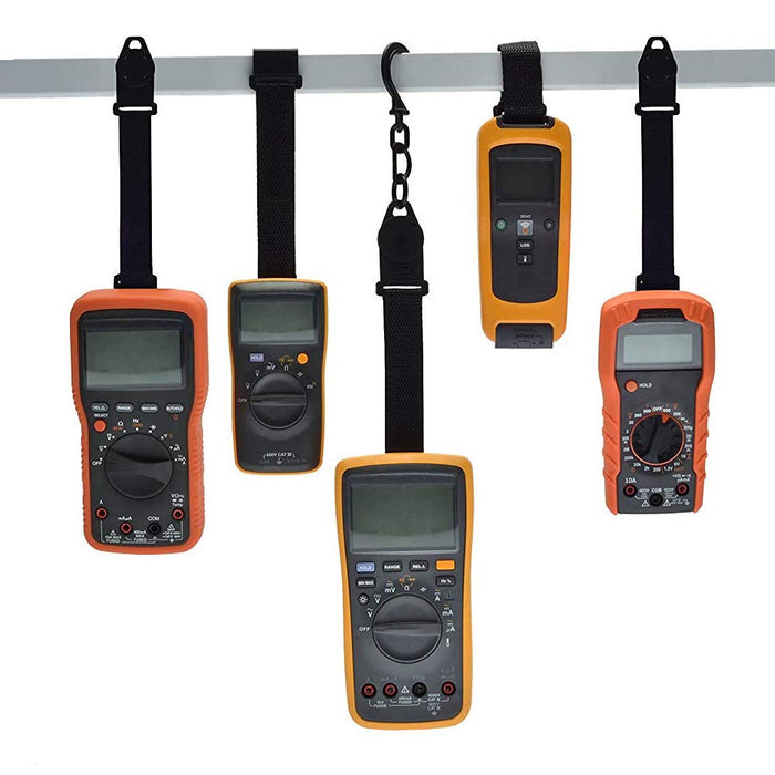 Chromex multimeter magnet kit holds multiple Fluke and Klein multimeters hanging on a bar